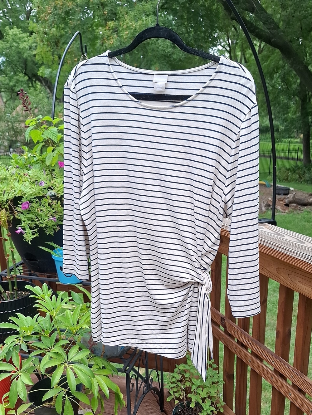 Chico's Navy/Wheat Striped Side-Tie 3/4 Sleeve Top Sz XL